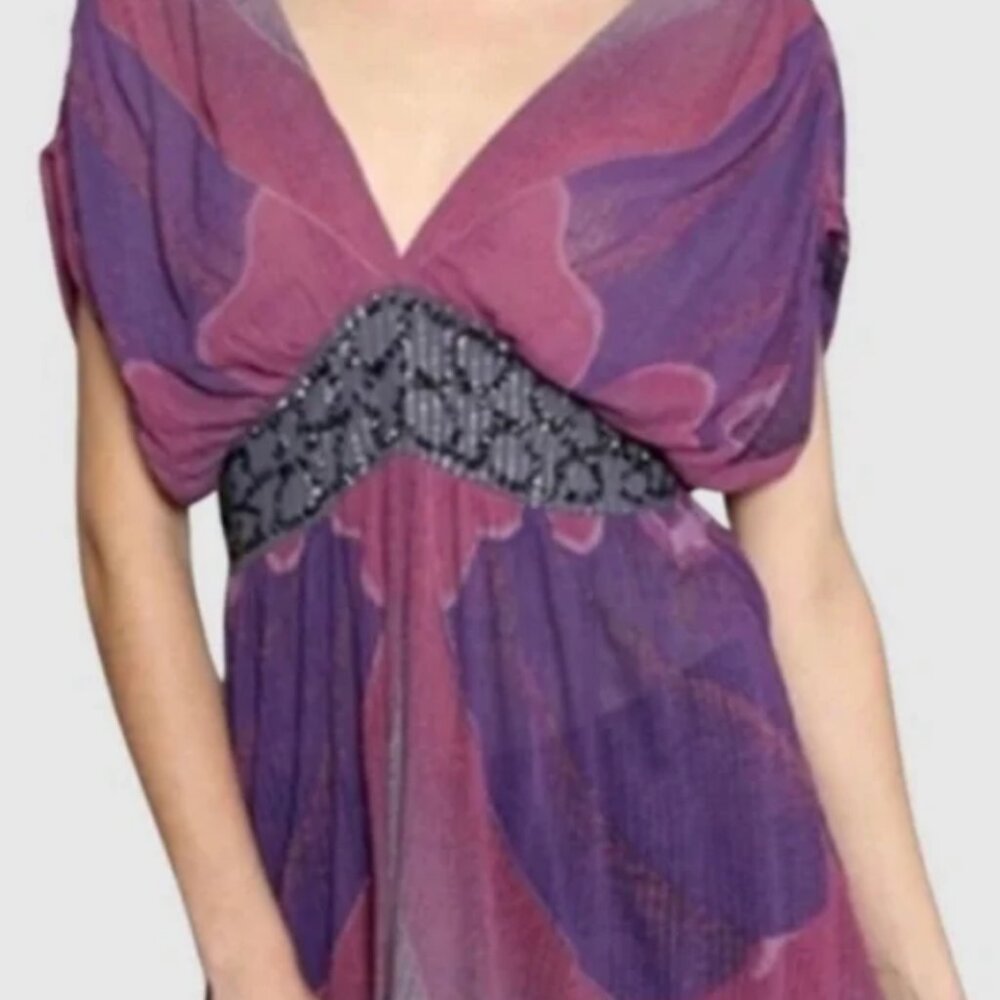 Free People Modal Bohemian Butterfly Tunic Top Surplice Sequins Purple S PTP 17"